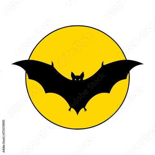 A minimalist graphic illustration of a bat silhouetted against a bright yellow full moon, symbolizing Halloween and nocturnal themes