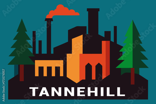 Tannehill industrial park with smokestack and evergreen trees