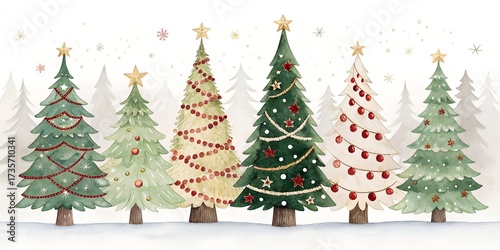 Watercolor Christmas Trees with Decorations and Stars in a Winter Forest Scene