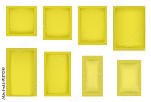 Set of yellow sachets in various shapes and sizes. Square and rectangular, vertical and horizontal. Cosmetic samples, skincare products, food supplements, tea bags, or single-use items