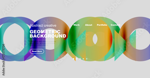 Colorful abstract design features overlapping circles. Text elements include headings, navigation, plus button. Modern aesthetic, vibrant hues present.