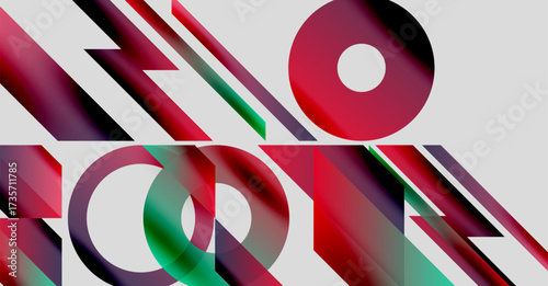 Abstract composition. Geometric shapes overlap, creating vibrant gradients. Red, green, teal dominate design. Modern aesthetic.