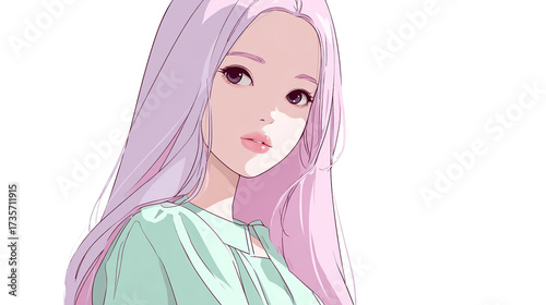 Elegant anime girl with pastel hair vector illustration on transparent background