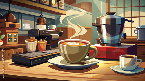 Very beautiful close up of a steaming coffee cup on a cafe counter with a blurred barista and espresso machine in the background, cozy atmosphere, inviting aroma, perfect for design inspiration.