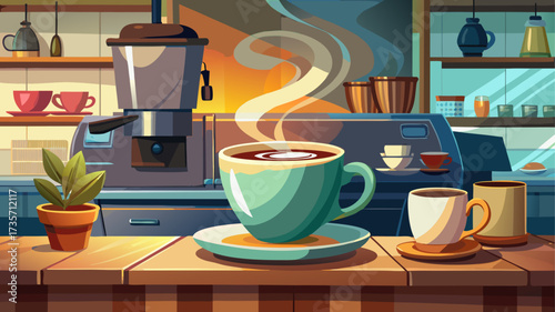 Very beautiful close up of a steaming coffee cup on a cafe counter with a blurred barista and espresso machine in the background, cozy atmosphere, inviting aroma, perfect for design inspiration.