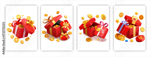 Ribbon gift box ui game bonus icon cartoon vector birthday present reward loot for gui mobile app casino trophy package achievement set isometric giveaway open and close mystery pack with money