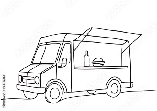 Mobile Kitchen Food truck. Monochrome Sketch. Lunch Van