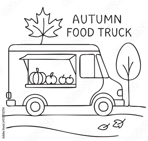 Mobile Kitchen Food truck with hot drink and food. Winter, autumn