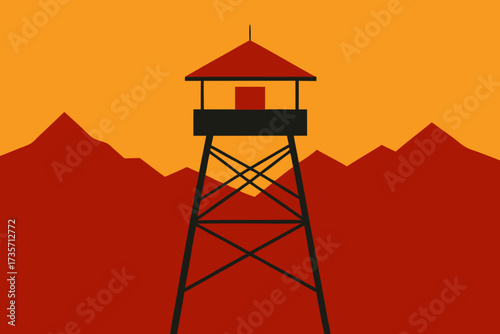 Minimalist watchtower silhouette against a vibrant sunset sky and mountains