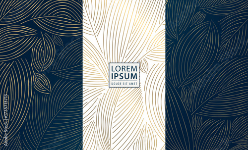 Elegant abstract vector background, golden floral patterns, palm leaves, ornate line textures, Art Deco style. Luxury wallpapers, wedding cards, fabric prints