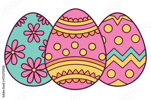Three hand-drawn colorful easter eggs with fun doodle patterns and flower designs