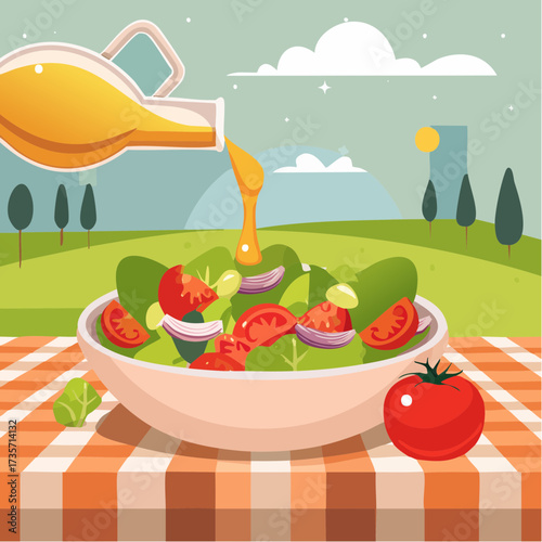 Olive oil poured on fresh salad, kitchen setting