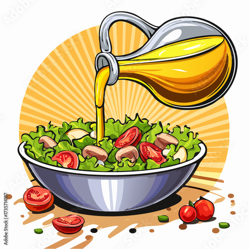 Olive oil poured on fresh salad, kitchen setting