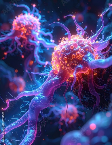 Abstract neon cells with tendrils float in dark space