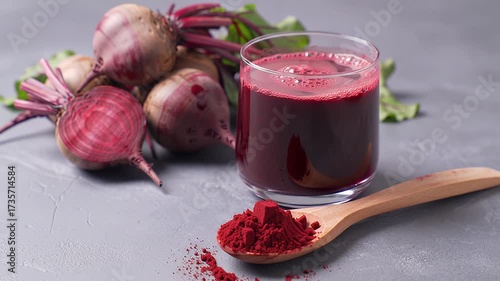 Still Life of Fresh Red Beet Juice Beets and Red Beet Powder on Gray Surface