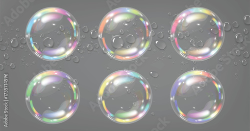 Colorful Soap Bubbles Vector Illustration on Transparent Background EPS, High-quality vector illustration of colorful soap bubbles with realistic reflections and transparency effect.