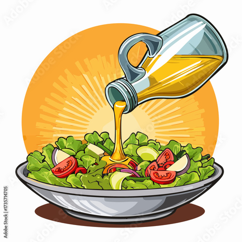 Olive oil poured on fresh salad, kitchen setting