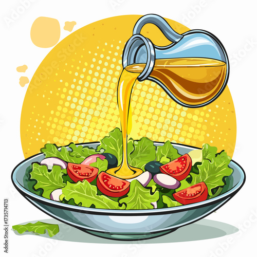 Olive oil poured on fresh salad, kitchen setting