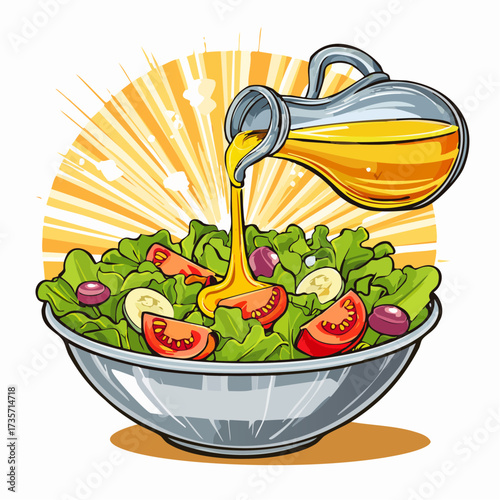 Olive oil poured on fresh salad, kitchen setting