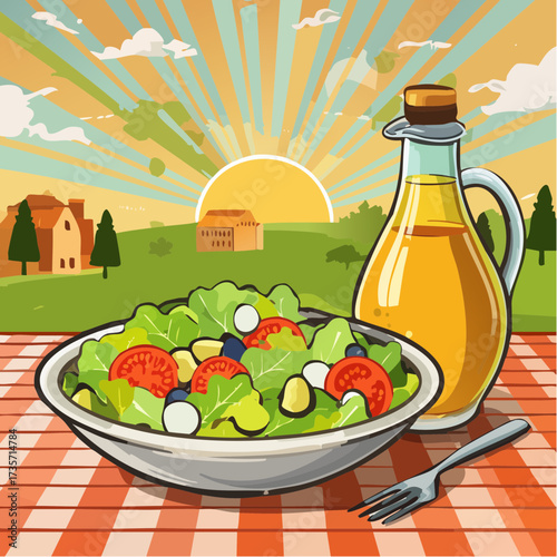 Olive oil poured on fresh salad, kitchen setting