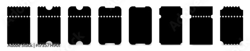 Set of black ticket mockups with ruffle edges and shadows. Small vertical empty templates. Concert, movie or theater ticket. Boarding blank, lottery, sale coupon	