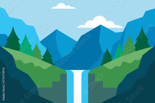 Flat design landscape with mountains waterfall and pine trees under a cloudy sky