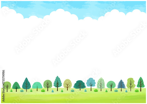 カラフルな木々と空が描かれた自然風景イラスト背景