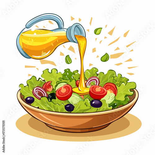 Olive oil poured on fresh salad, kitchen setting