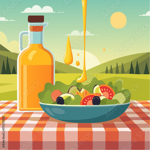 Olive oil poured on fresh salad, kitchen setting