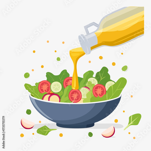 Olive oil poured on fresh salad, kitchen setting
