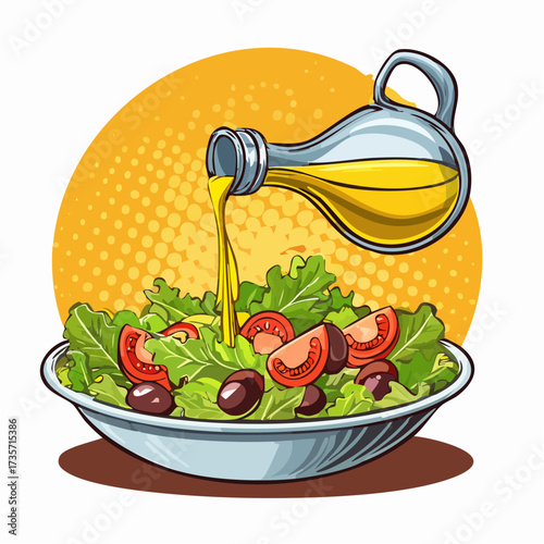 Olive oil poured on fresh salad, kitchen setting