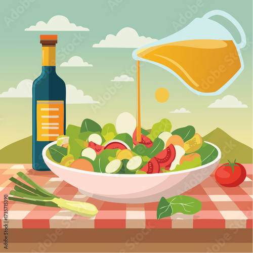 Olive oil poured on fresh salad, kitchen setting