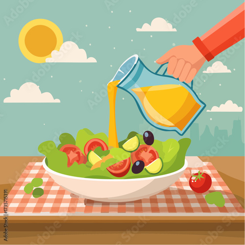 Olive oil poured on fresh salad, kitchen setting