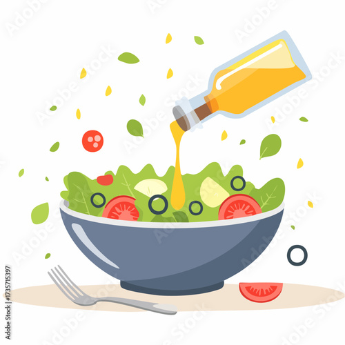 Olive oil poured on fresh salad, kitchen setting