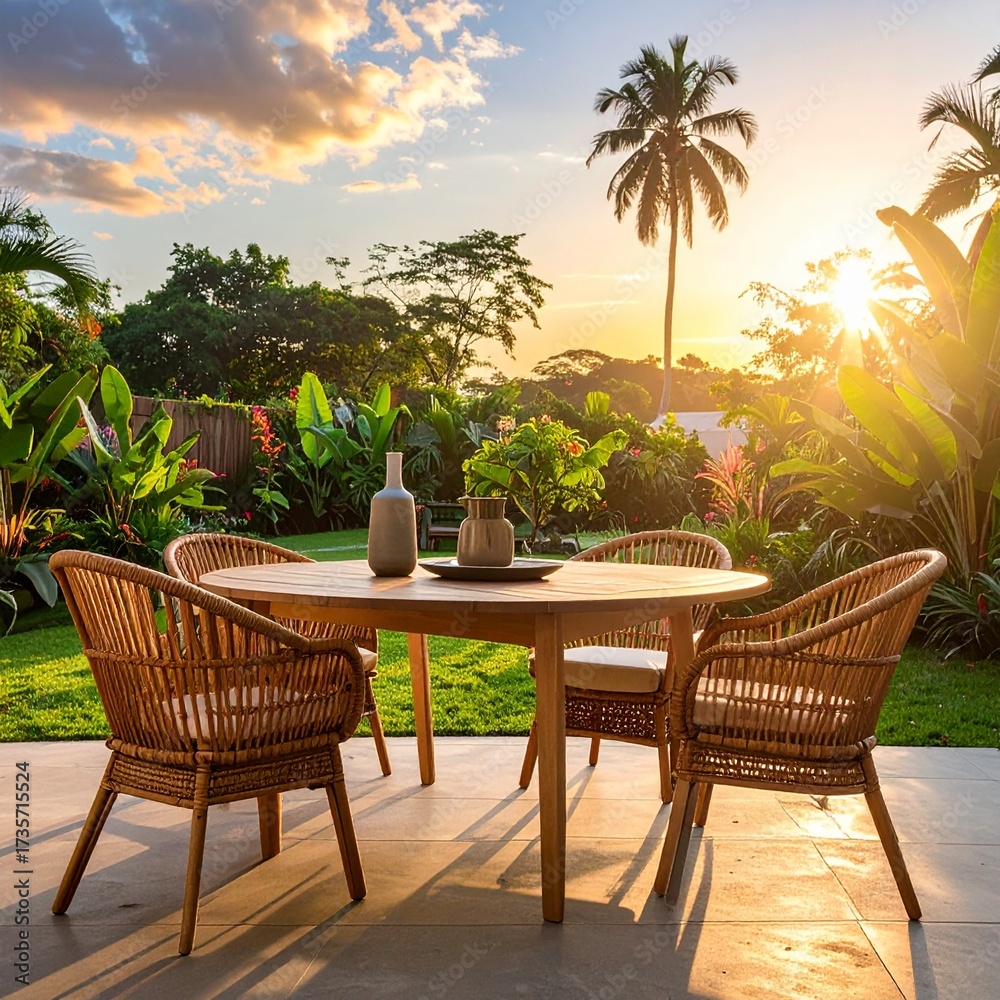 Obraz premium Patio trasero con mesa de comedor al aire libre, sillas de ratán, plantas tropicales, luz de atardecer, ambiente relajado y hogareño