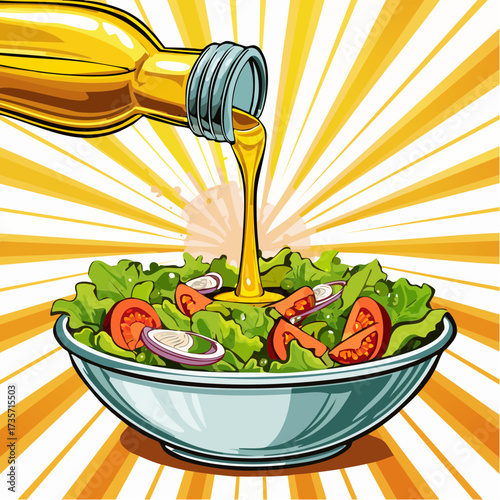 Olive oil poured on fresh salad, kitchen setting