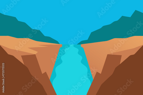Vibrant flat design illustration of a canyon with a flowing river and mountains