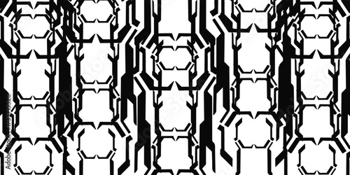 Abstract black and white geometric pattern with intricate lines and shapes, creating a complex design.