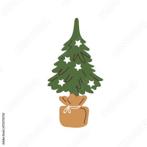 Christmas fir tree in pot and paper craft. Live natural spruce for winter holiday decoration. Festive Xmas firtree decorated with star ornaments. Flat vector illustration isolated on white background