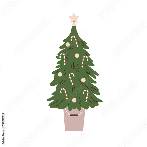 Christmas tree. Xmas fir, festive spruce in bucket, pot. Winter holiday firtr...