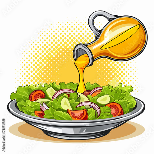 Olive oil poured on fresh salad, kitchen setting