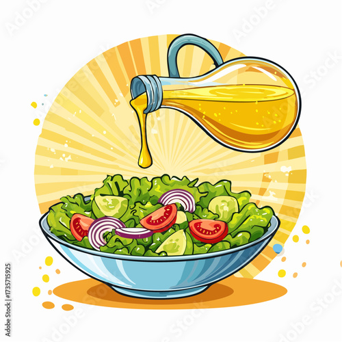 Olive oil poured on fresh salad, kitchen setting