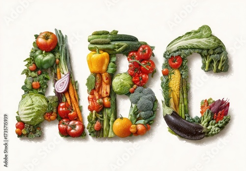 Fototapeta Naklejka Na Ścianę i Meble -  Colorful vegetables and fruits forming the letters ABC