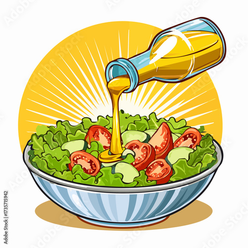 Olive oil poured on fresh salad, kitchen setting