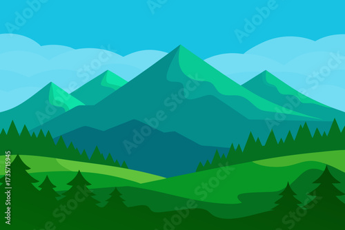 Stylized green rolling hills and pine trees with majestic teal mountains under a blue sky