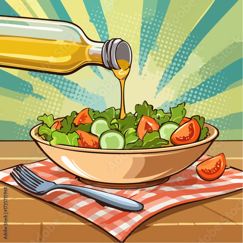Olive oil poured on fresh salad, kitchen setting