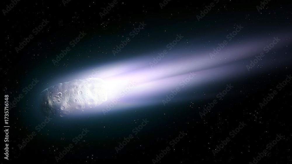 Obraz premium A comet with a gas and dust tail in space. Matter is evaporating from the comet's surface. Bright celestial body.