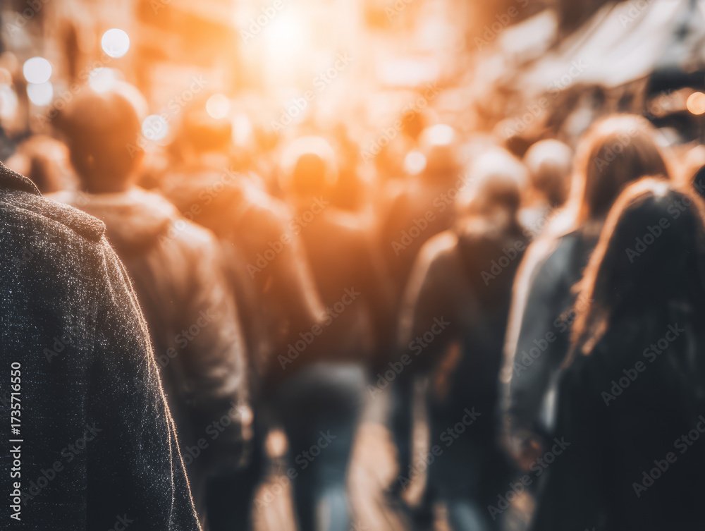 Obraz premium A blurred view of a diverse crowd of people walking along a busy city street with a warm, golden sunlight filte through the buildings at sunset.