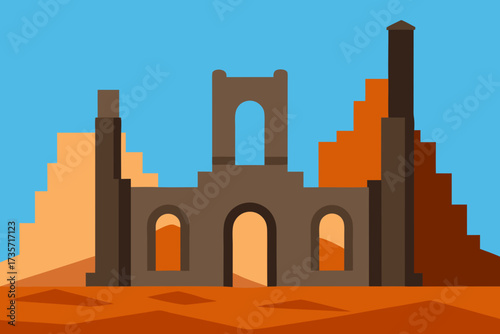 Stylized illustration of ancient desert ruins under a clear blue sky