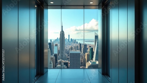 Glass elevator with city skyline view